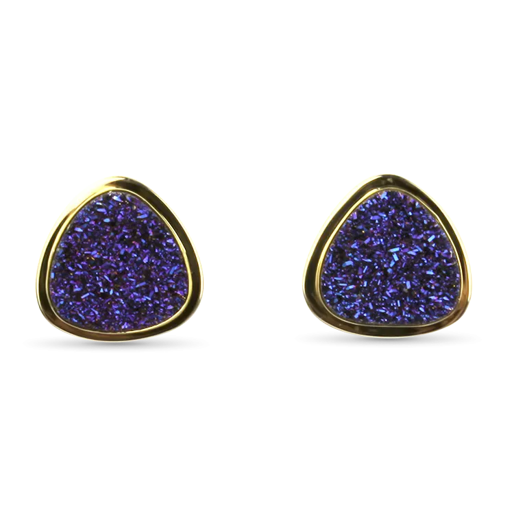 Estate 14k Yellow Gold Blue Drusy Quartz Stud Earrings