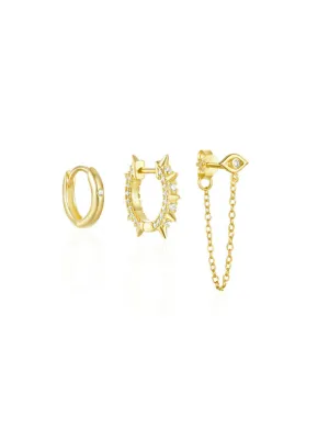 Eye & Spikes Stud and Hoop Earrings Set 925 Sterling Silver 18K Gold Plated Luxury 3 piece Hypoallergenic Set