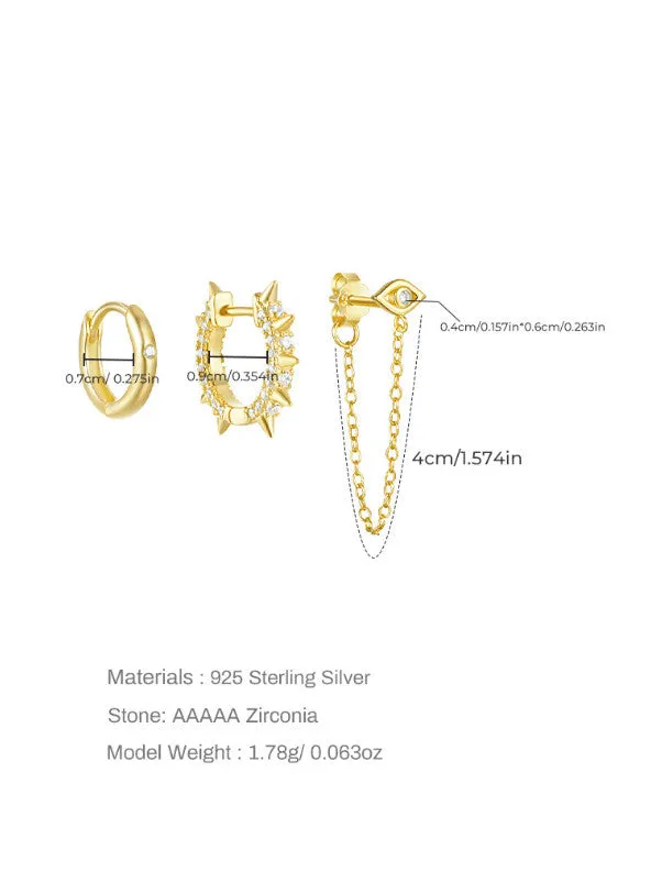 Eye & Spikes Stud and Hoop Earrings Set 925 Sterling Silver 18K Gold Plated Luxury 3 piece Hypoallergenic Set