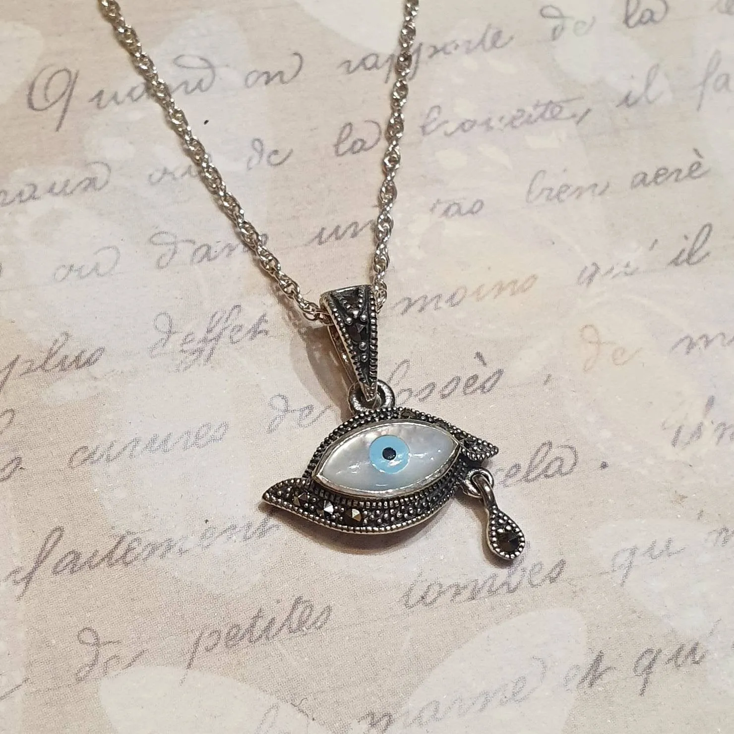 Eye Pendant Silver Marcasite Mother of Pearl Teardrop