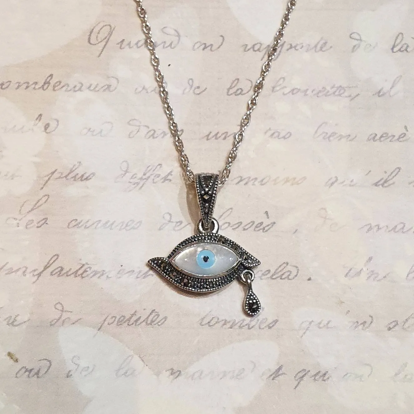 Eye Pendant Silver Marcasite Mother of Pearl Teardrop