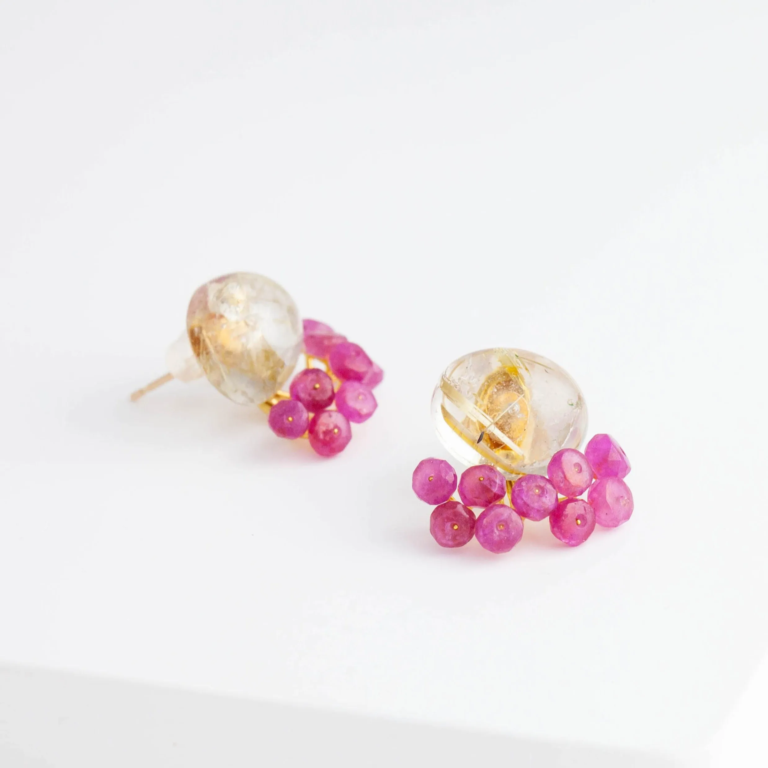 Fairy oval rutilated quartz and pink sapphire earrings