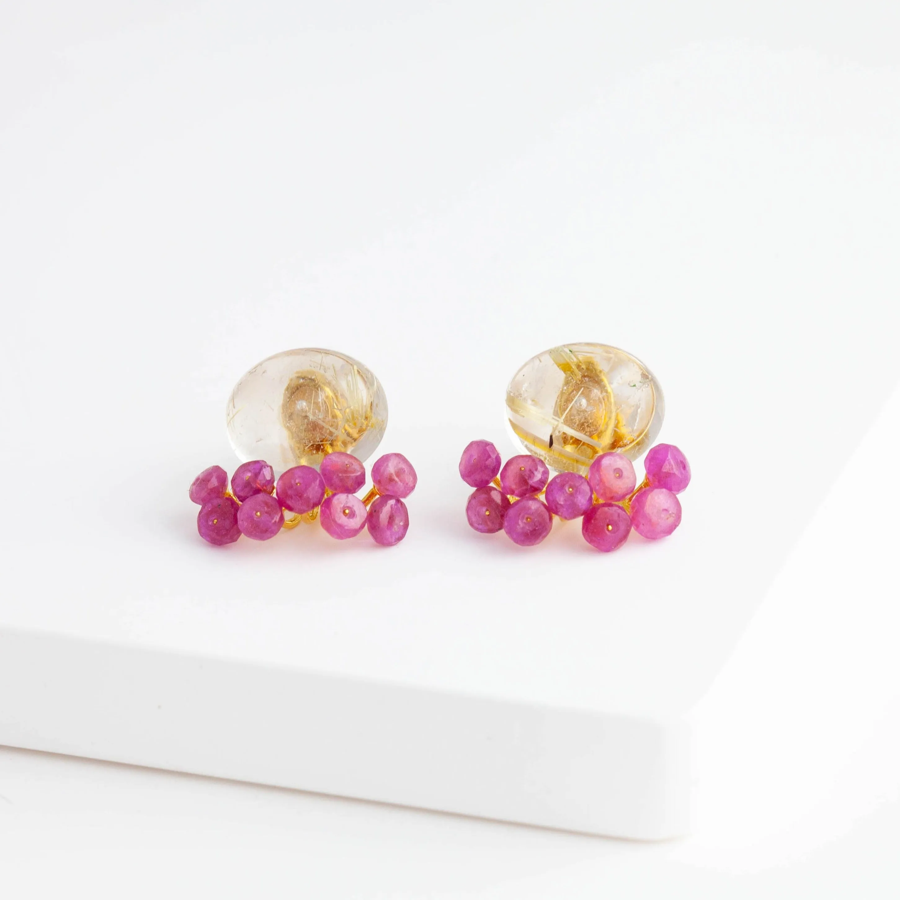 Fairy oval rutilated quartz and pink sapphire earrings