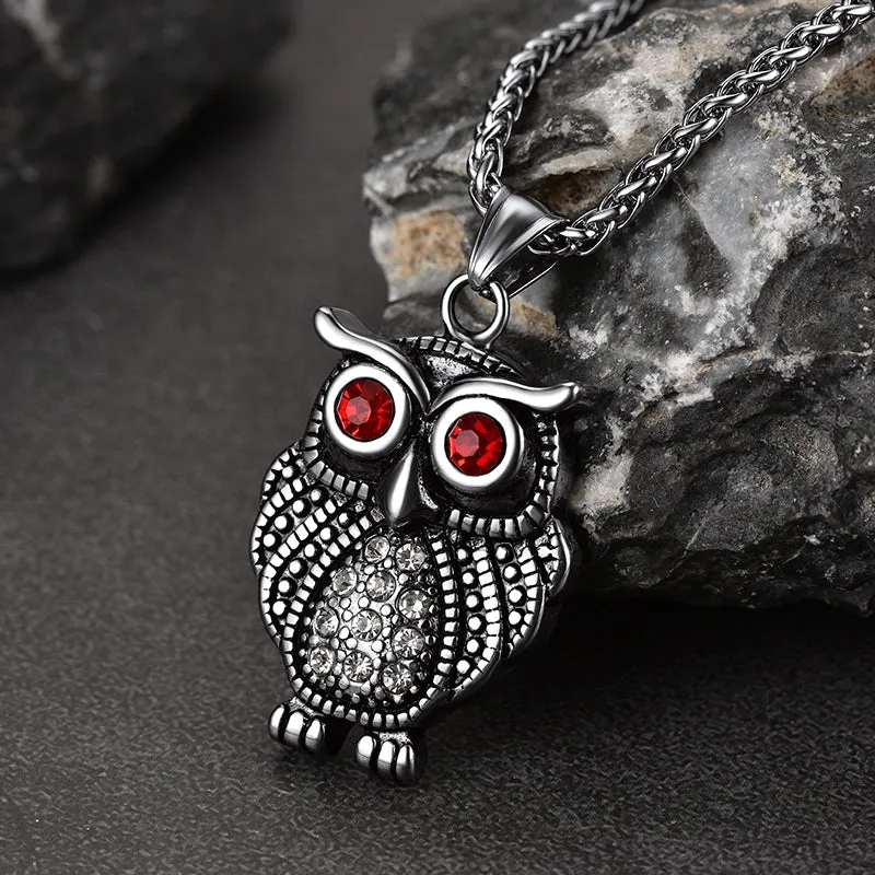 FaithHeart Vintage Owl Necklace For Men With Ruby Eyes