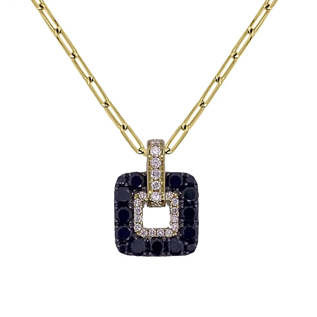 Frederic Sage 14K Yellow Gold Cushion Open Nebula Pendant with White and Black Diamond on Mini Paperclip Chain