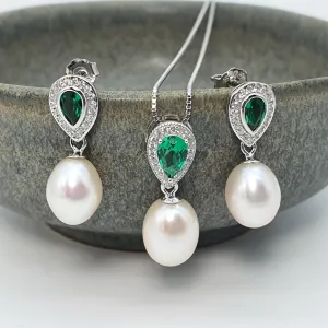 Freshwater Cultured Pearl Green Oval Set, Sterling silver