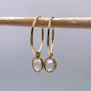 Gemstone earrings with clear quartz (rock crystal) oval crystal drops on gold medium hoops