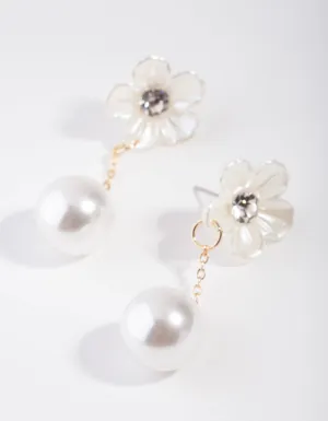 Gold Pearl Flower Drop Earrings