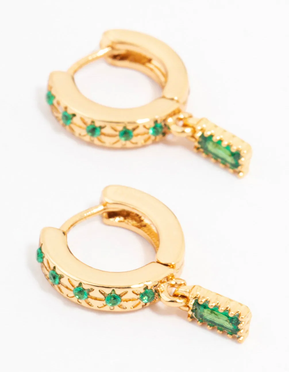 Gold Plated Emerald Baguette Celestial Huggie Earrings