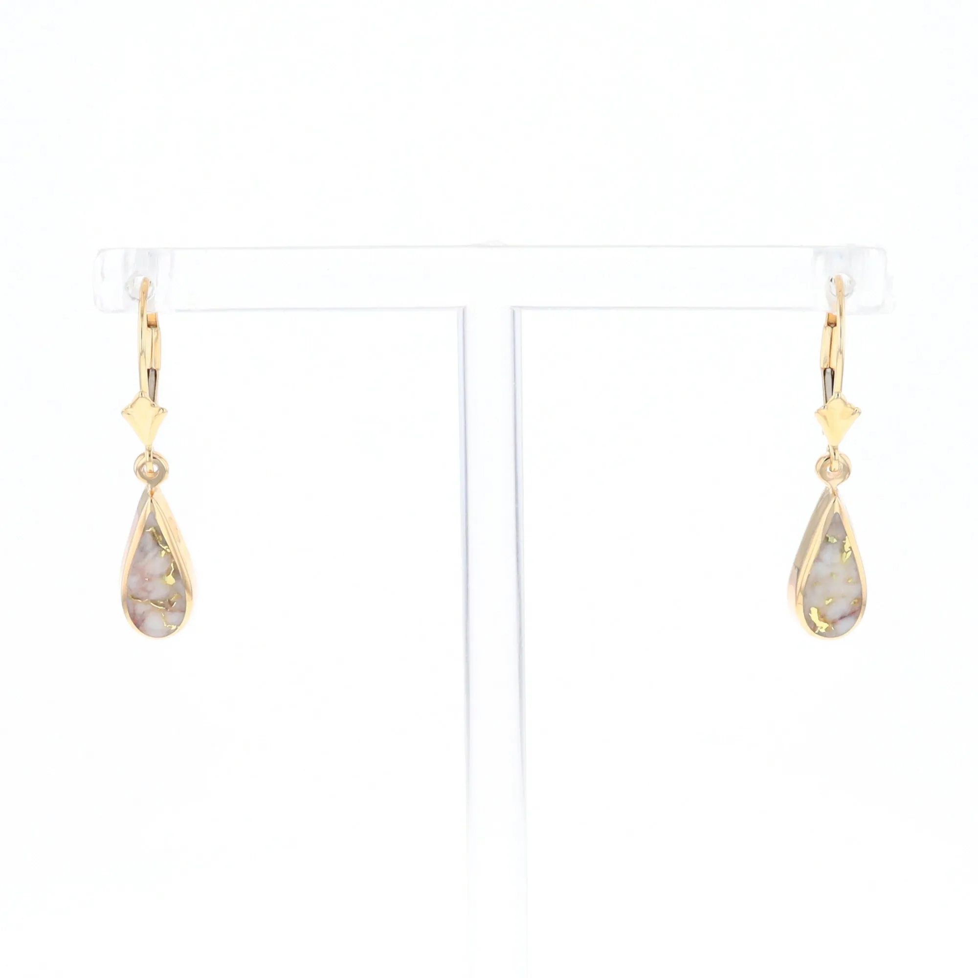 Gold Quartz Earring Tear Drop Inlaid Lever Back Single