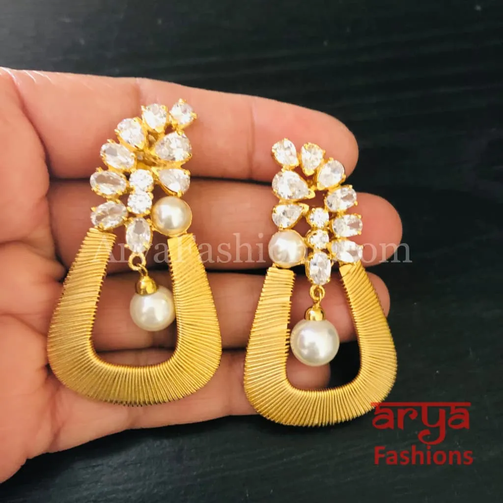 Golden CZ Fusion Earrings/ Gray CZ Pearl Cocktail Earrings