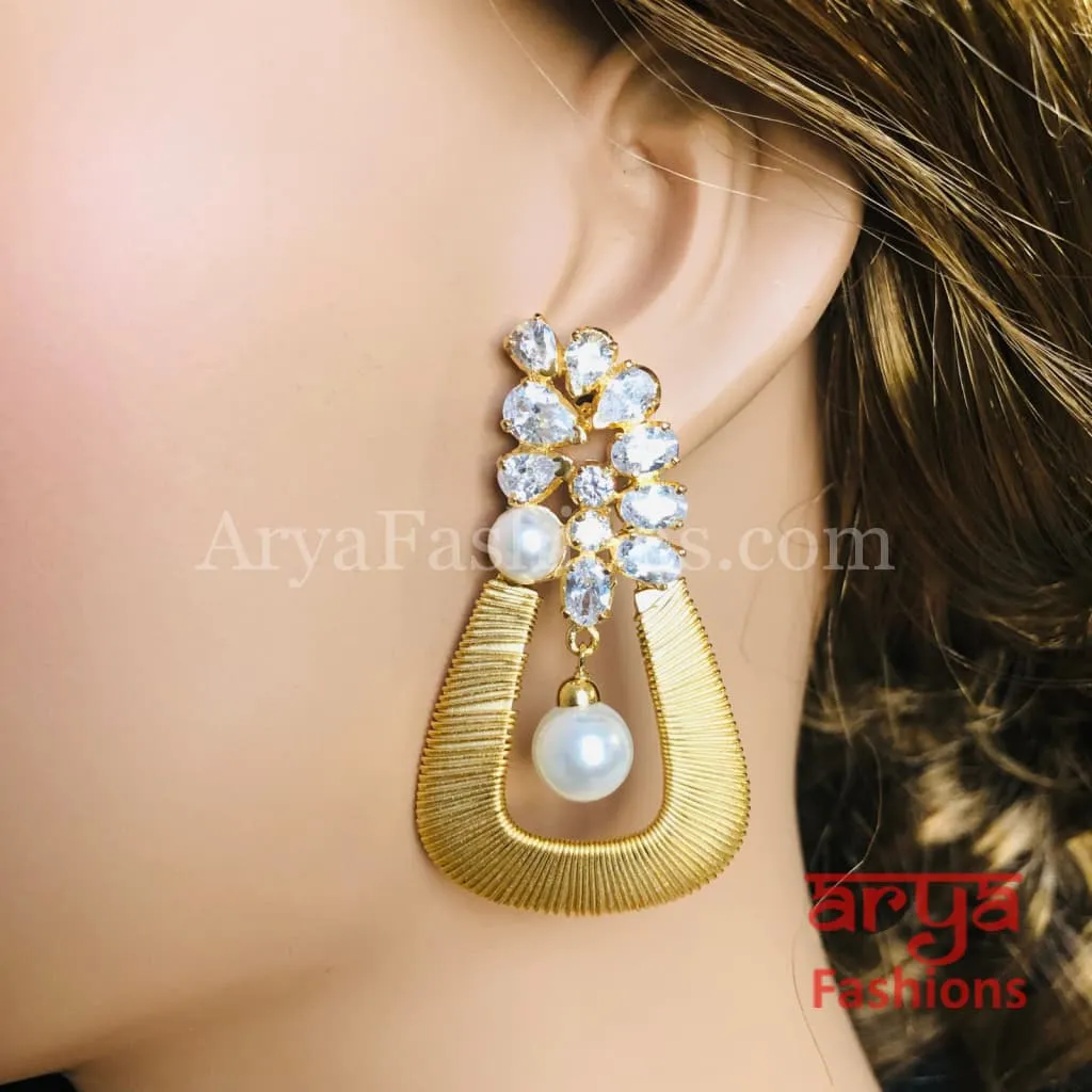 Golden CZ Fusion Earrings/ Gray CZ Pearl Cocktail Earrings