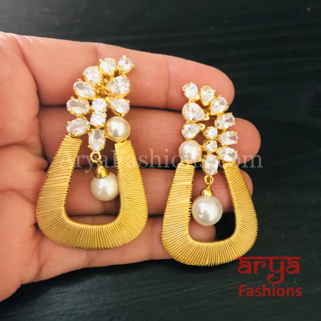 Golden CZ Fusion Earrings/ Gray CZ Pearl Cocktail Earrings