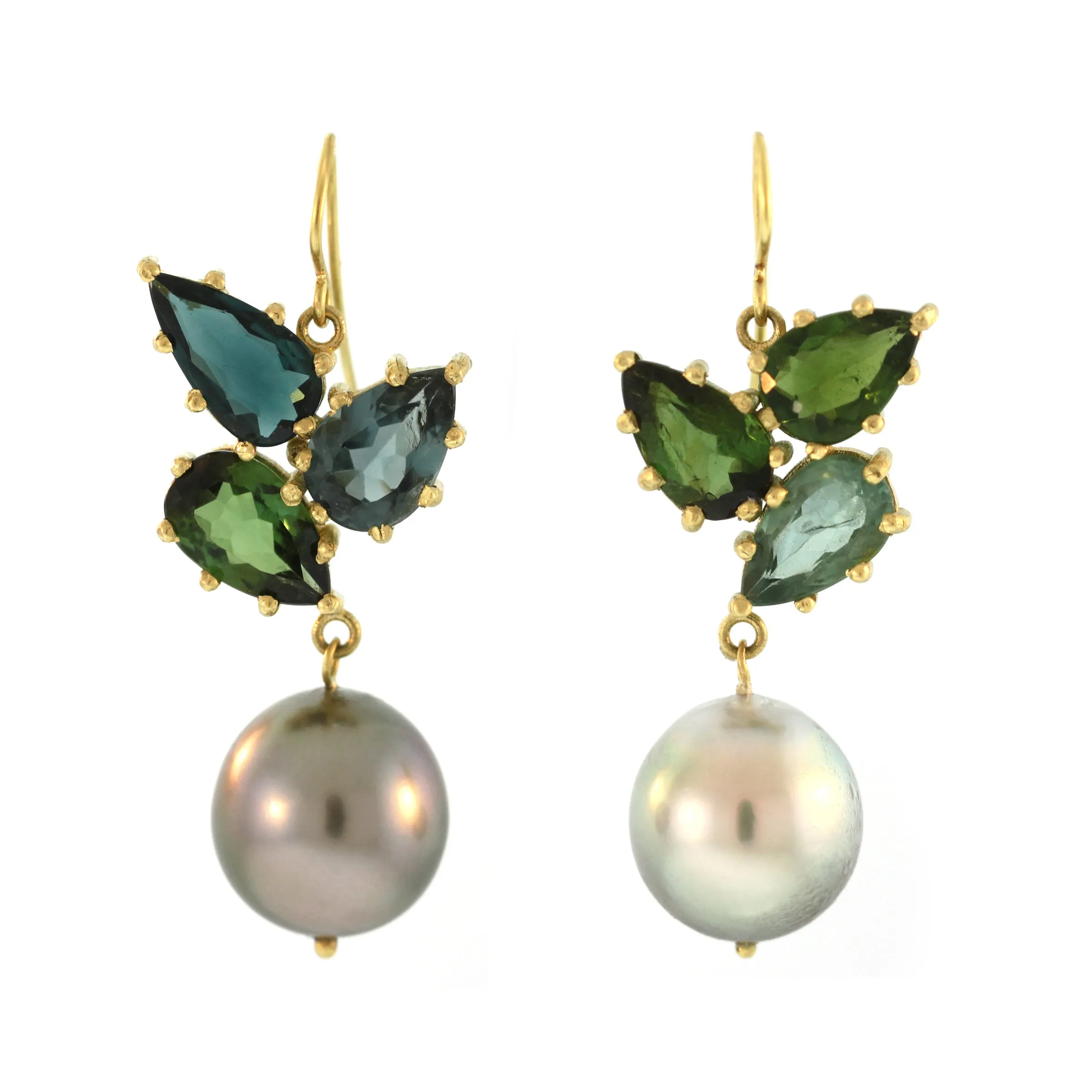 Green and Blue Tourmaline   Grey Tahitian Pearl Drop Earrings