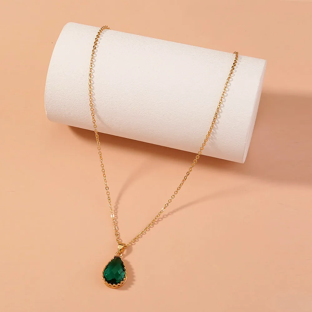 Green drop crystal faceted necklace lady