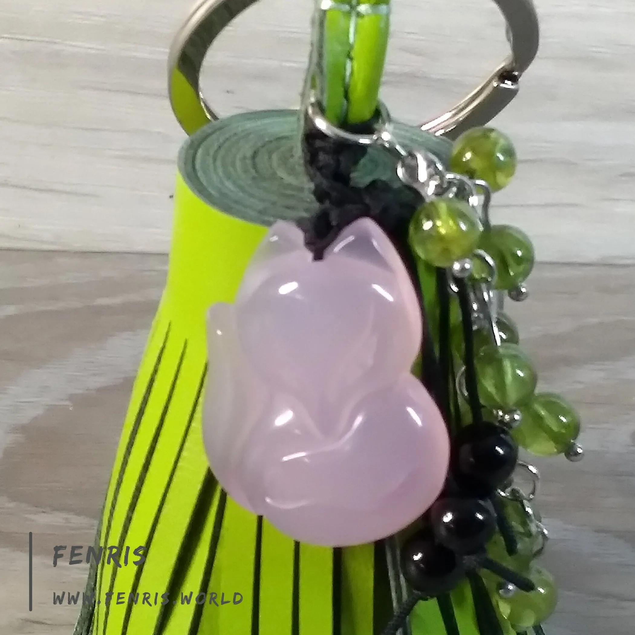 Green Leather Tassel Keychain Pink Chalcedony Fox | Fenris