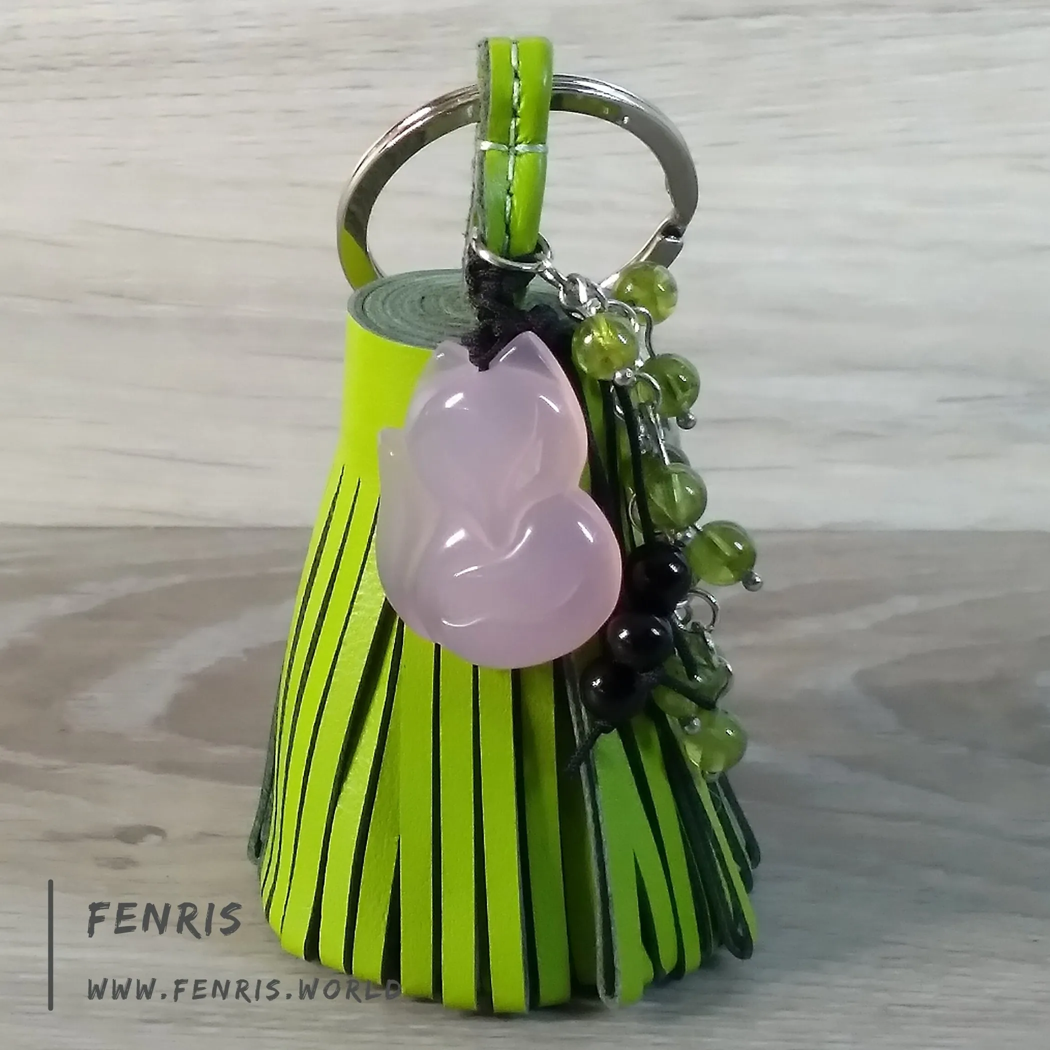 Green Leather Tassel Keychain Pink Chalcedony Fox | Fenris