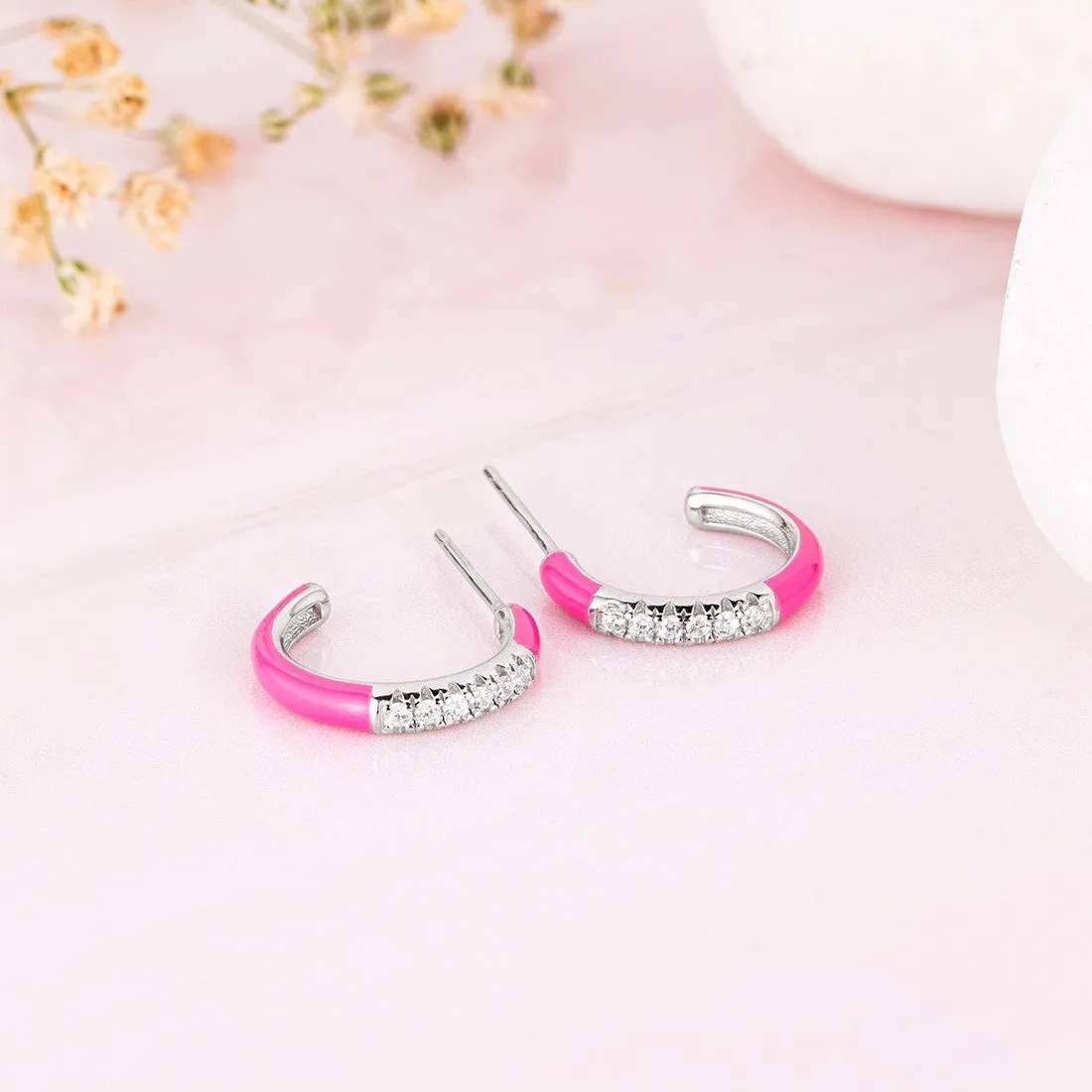 Half Hoop Pink Rhodium Plated 925 Sterling Silver Earrings