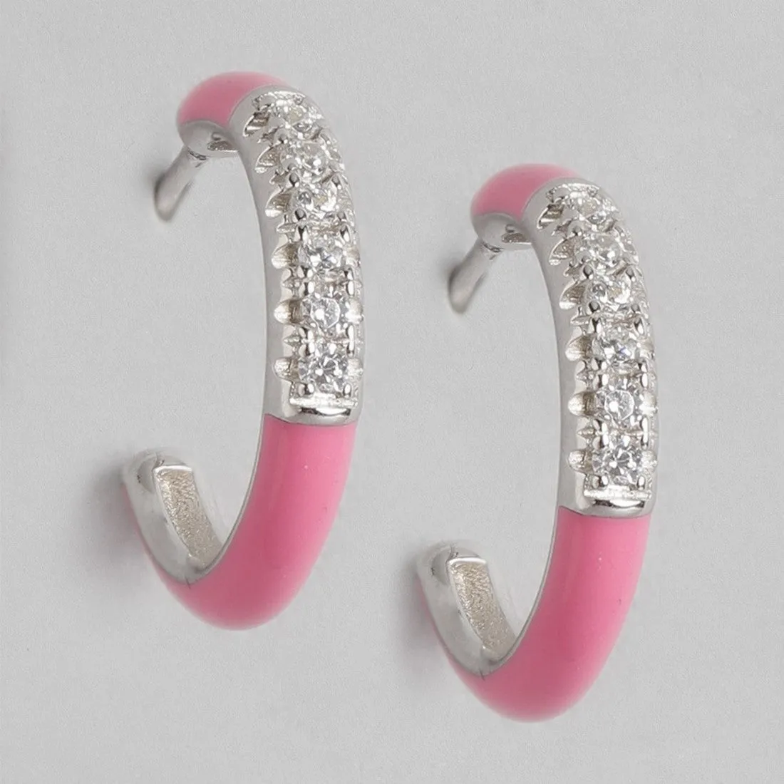 Half Hoop Pink Rhodium Plated 925 Sterling Silver Earrings