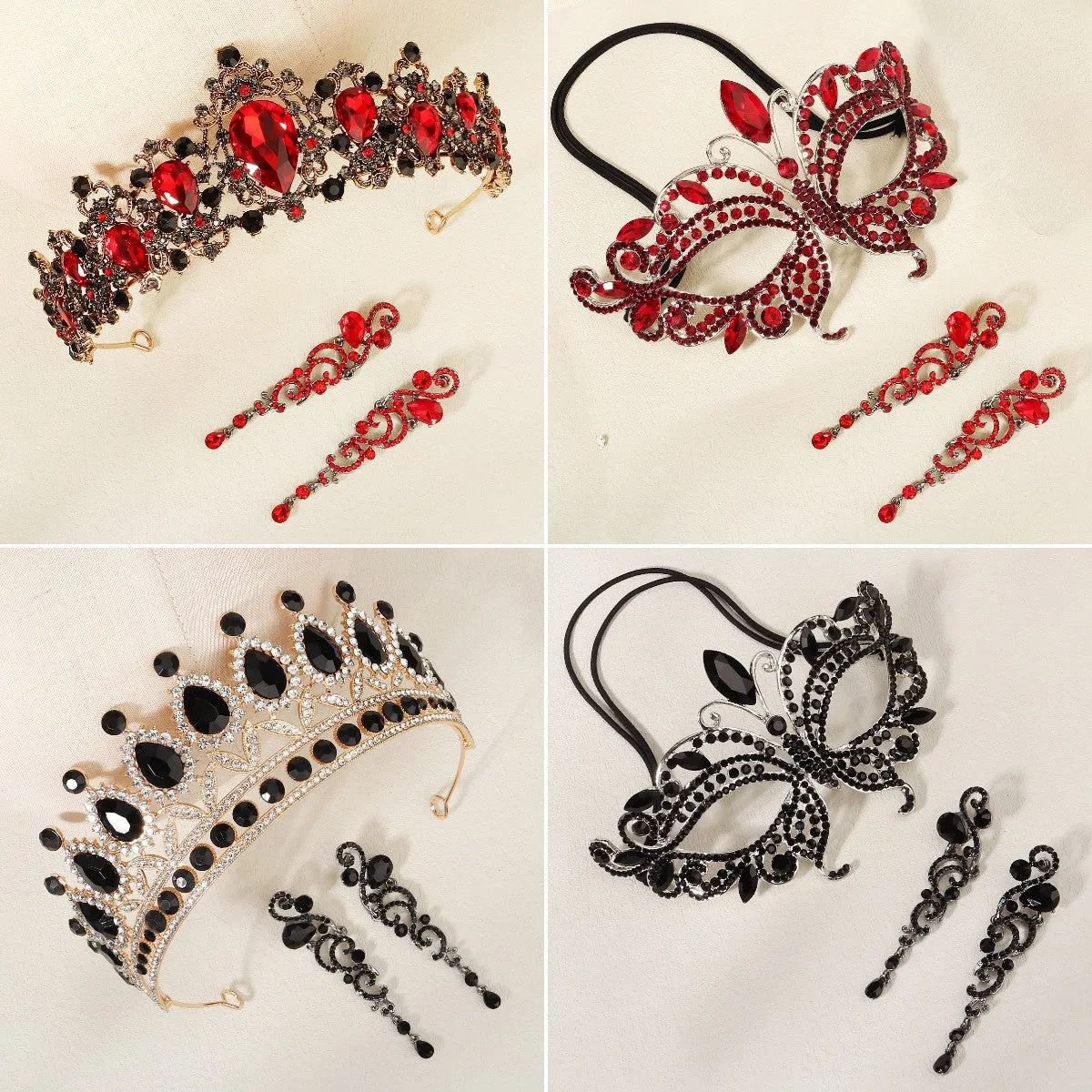 Halloween jewelry set, women's prom dress, retro baroque red and black crystal crown earrings two-piece set