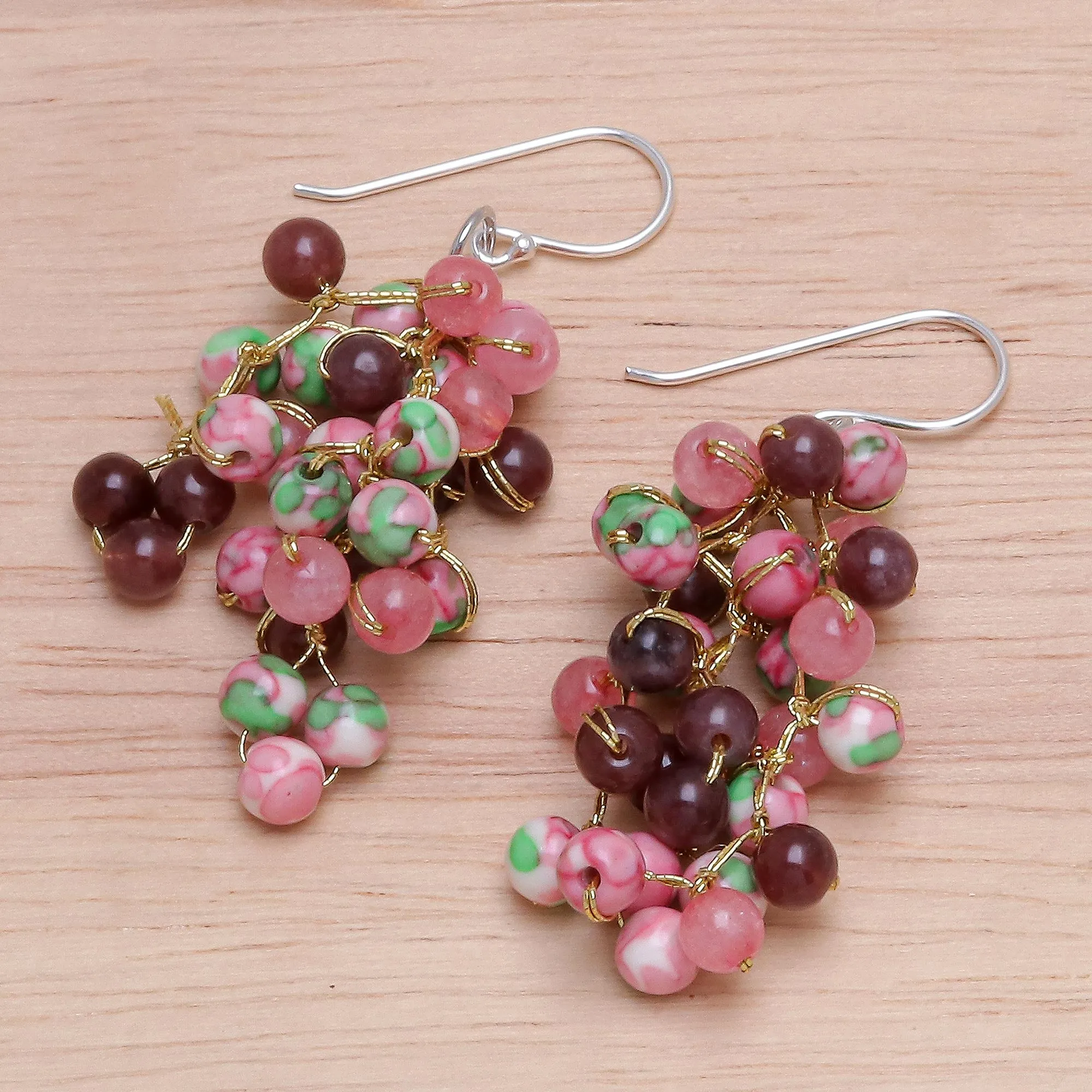 Hand Crafted Quartz and Agate Dangle Earrings - Dionysus in Pink | NOVICA