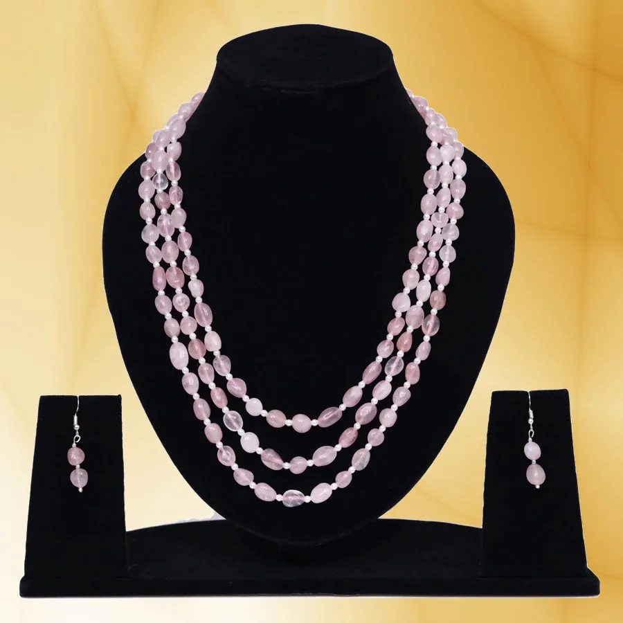 Imeora Tripple Line Rose Quartz Necklace Set With 4mm Beads