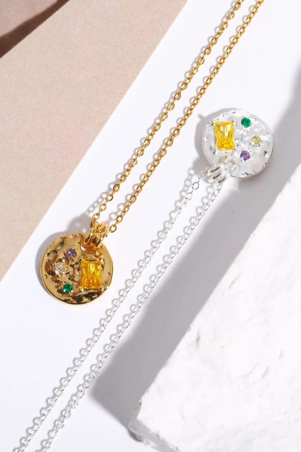 Inlaid Multicolored Zircon Round Pendant Copper Necklace