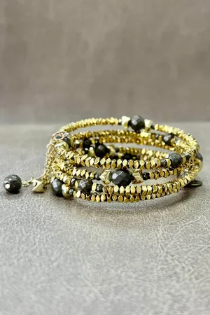 Kayla Slinky Beaded Bracelet- Gold & Grey