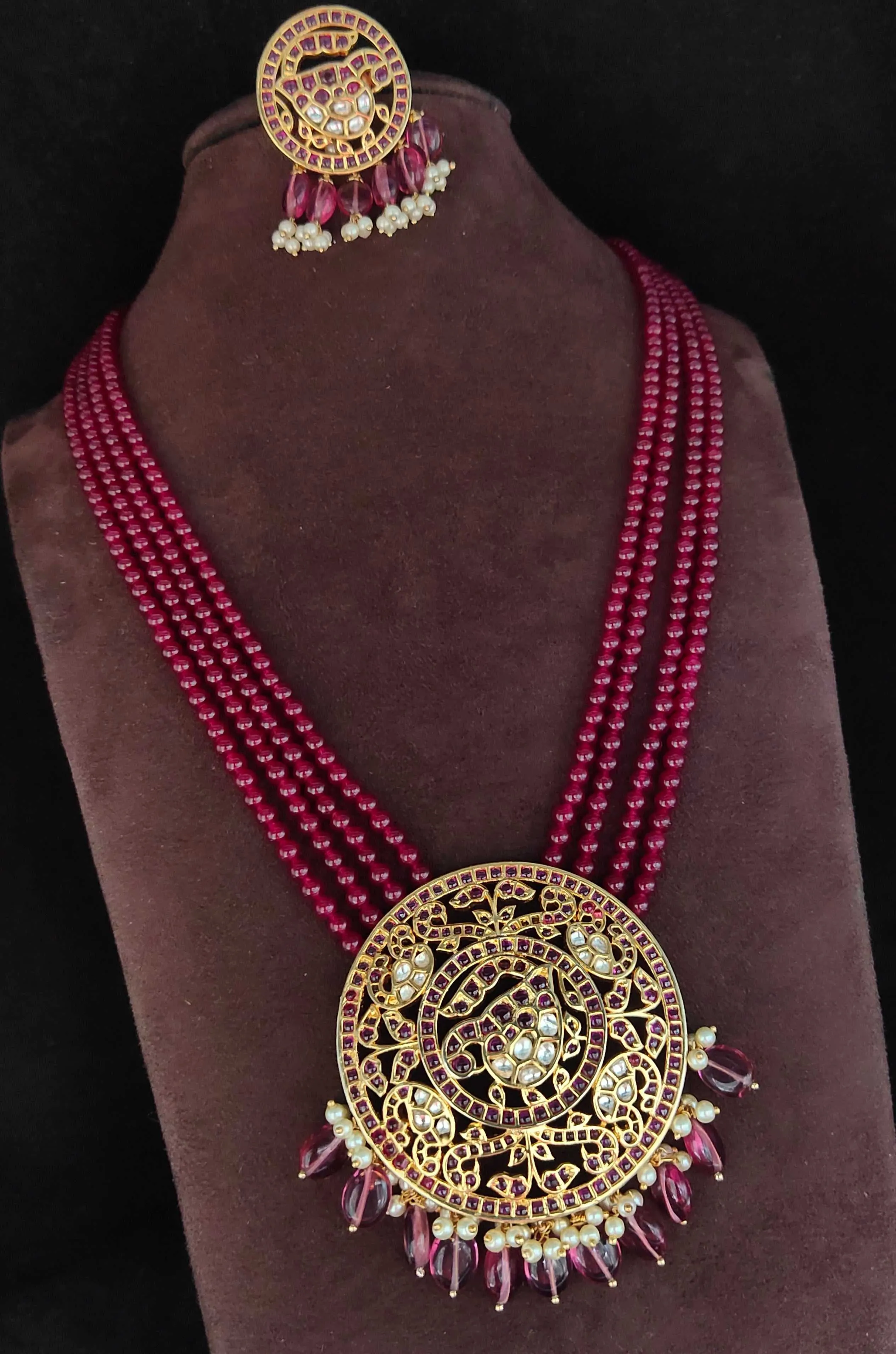 Kempu & Kundan Pendent Set With Ruby Beads Necklace