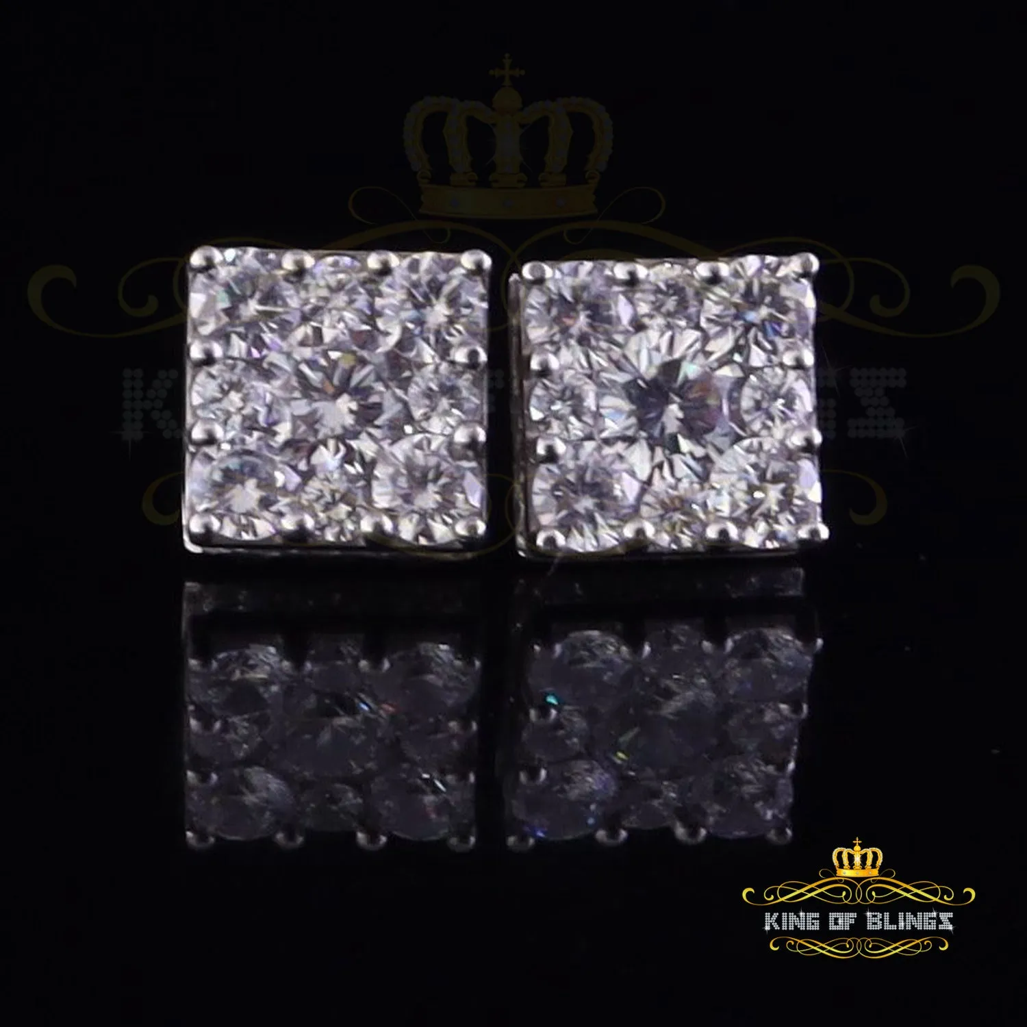 King of Blings- 925 White Silver 11.28ct Cubic Zirconia Women's & Men's Hip Hop Square Earrings