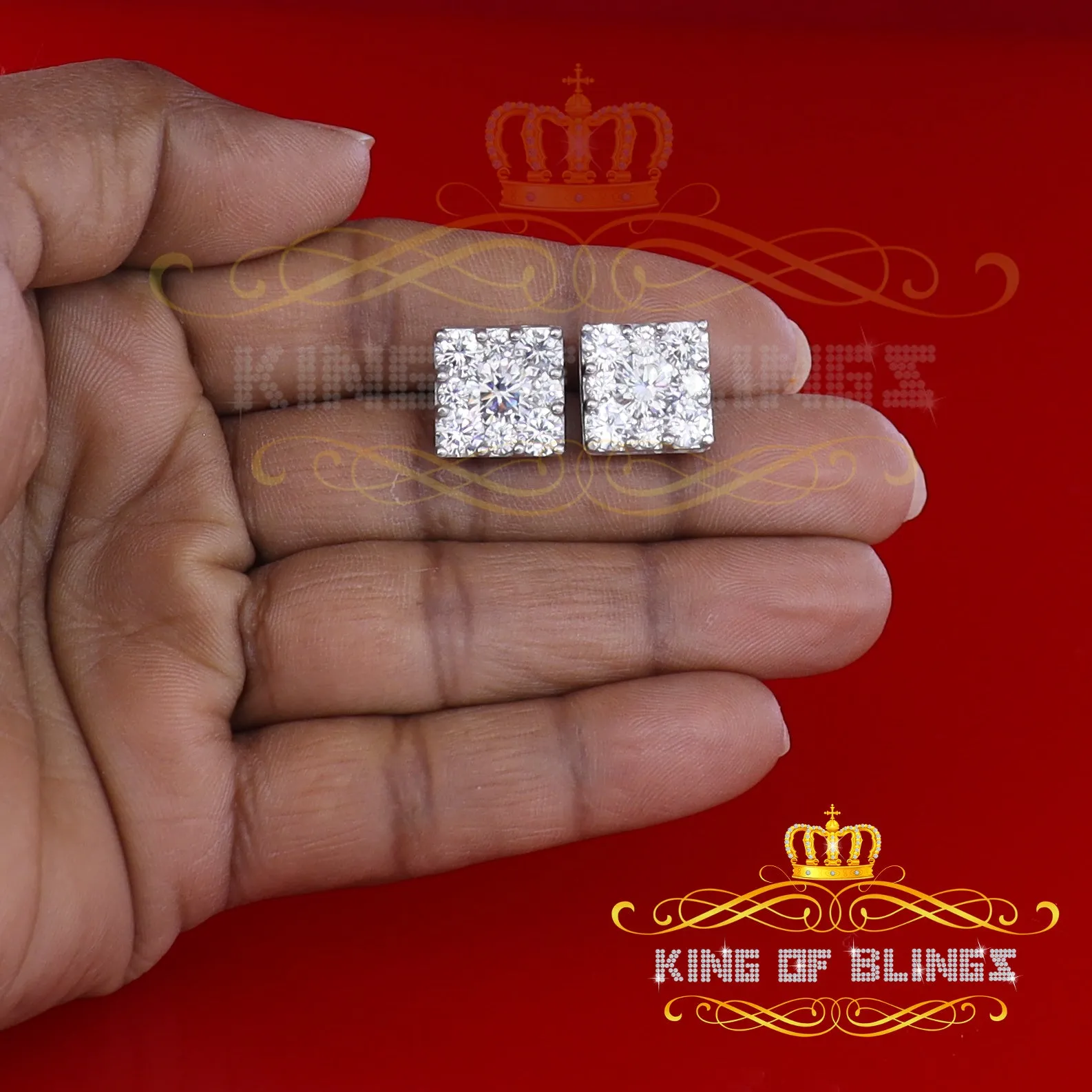 King of Blings- 925 White Silver 11.28ct Cubic Zirconia Women's & Men's Hip Hop Square Earrings