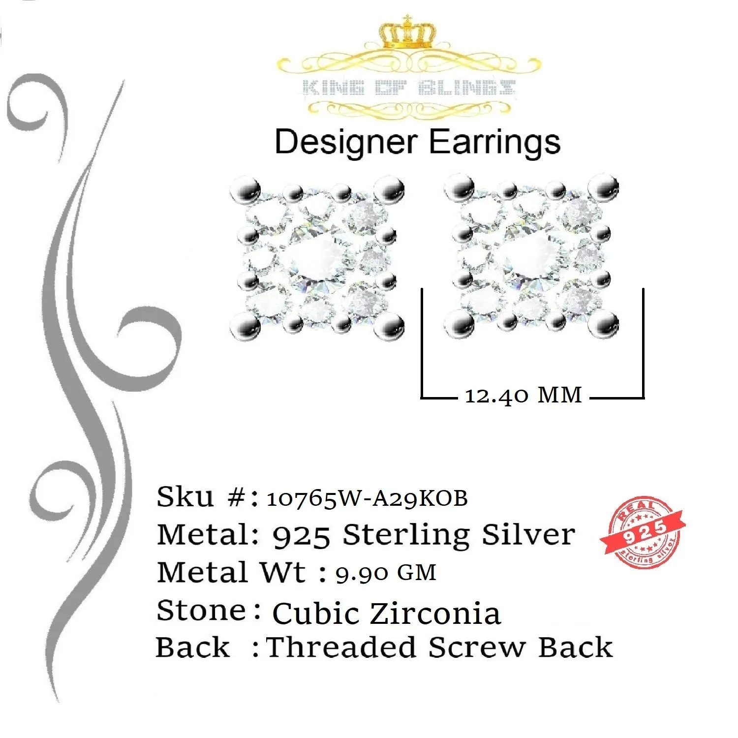 King of Blings- 925 White Silver 11.28ct Cubic Zirconia Women's & Men's Hip Hop Square Earrings