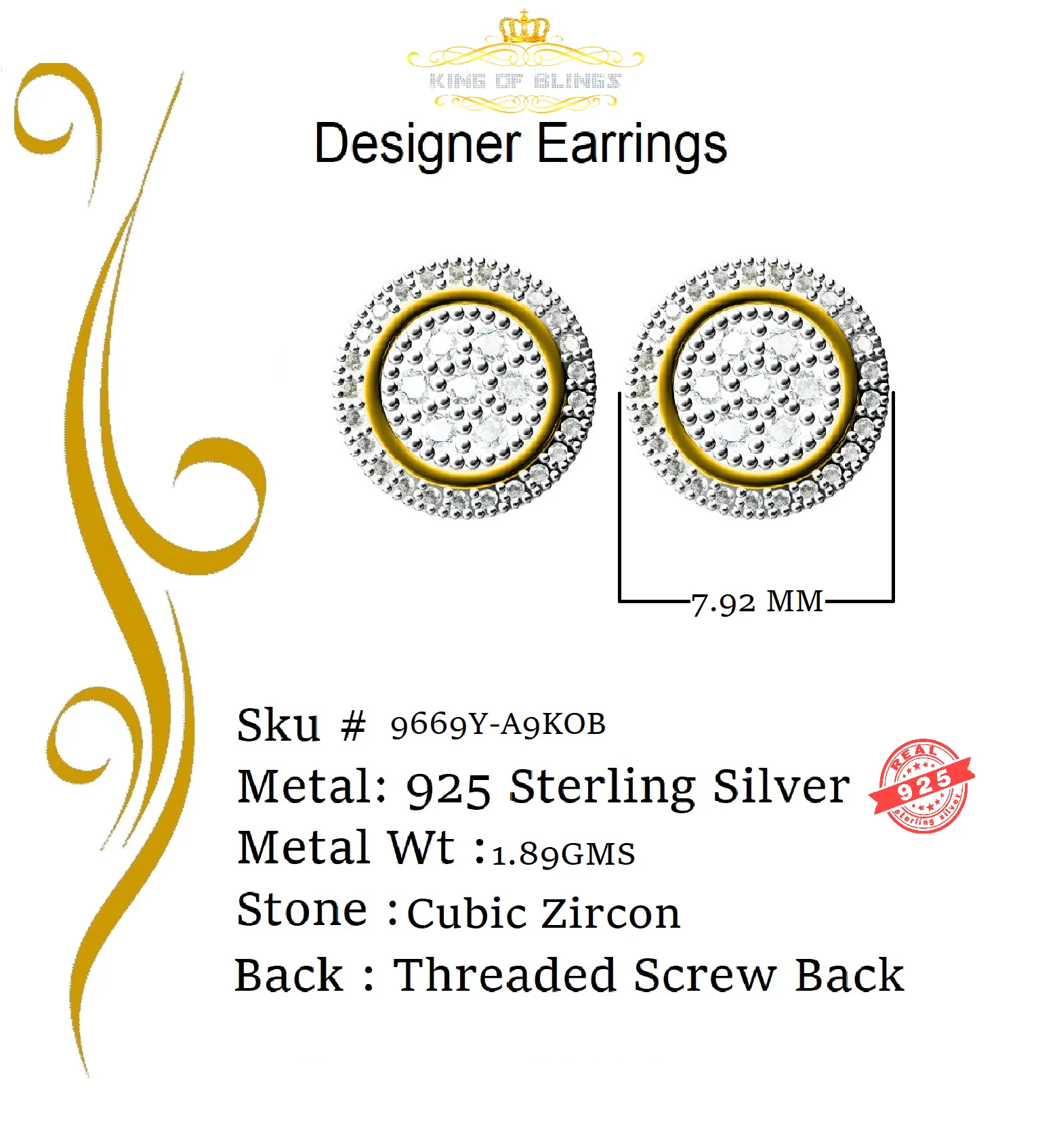 King of Bling's Aretes Para Hombre 925 Yellow Silver 0.5ct Cubic Zirconia Round Women's Earrings