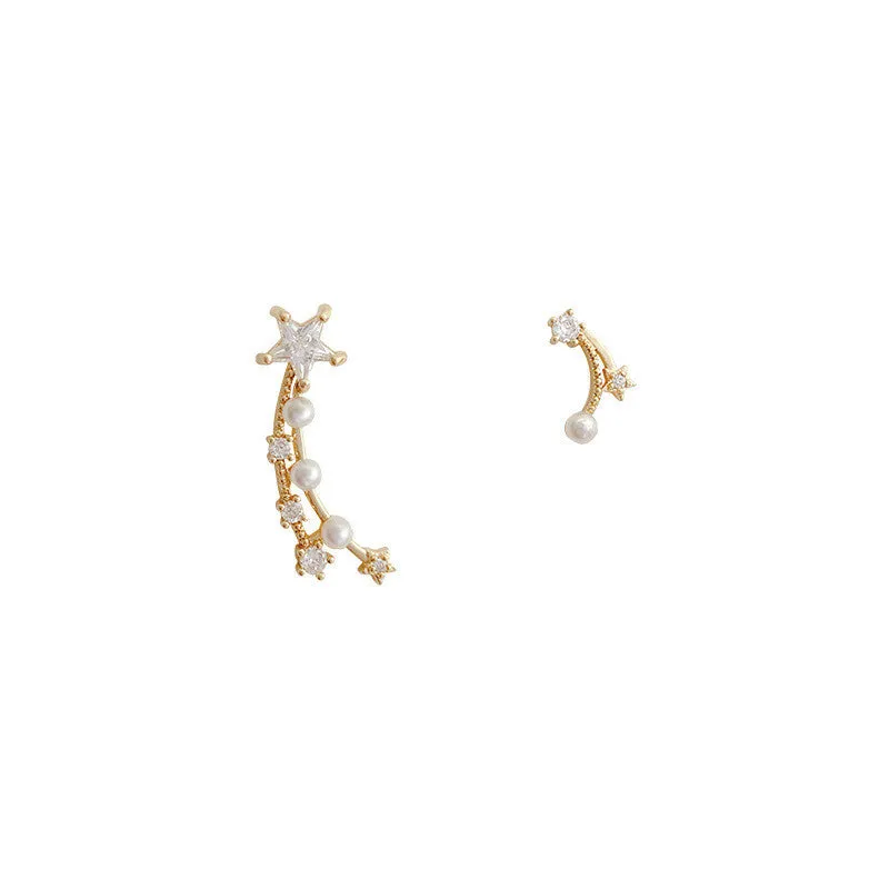 Korean Super Fairy Asymmetric Zircon Star Pearl Earrings Women