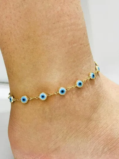 Light Blue Evil Eye Anklet Bracelet for Womens in Gold Filled Bracelet for Foot 10" Protection Jewelry Bracelet Pulsera de Pie Ojo Turco Oro