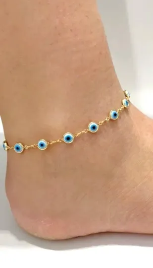 Light Blue Evil Eye Anklet Bracelet for Womens in Gold Filled Bracelet for Foot 10" Protection Jewelry Bracelet Pulsera de Pie Ojo Turco Oro