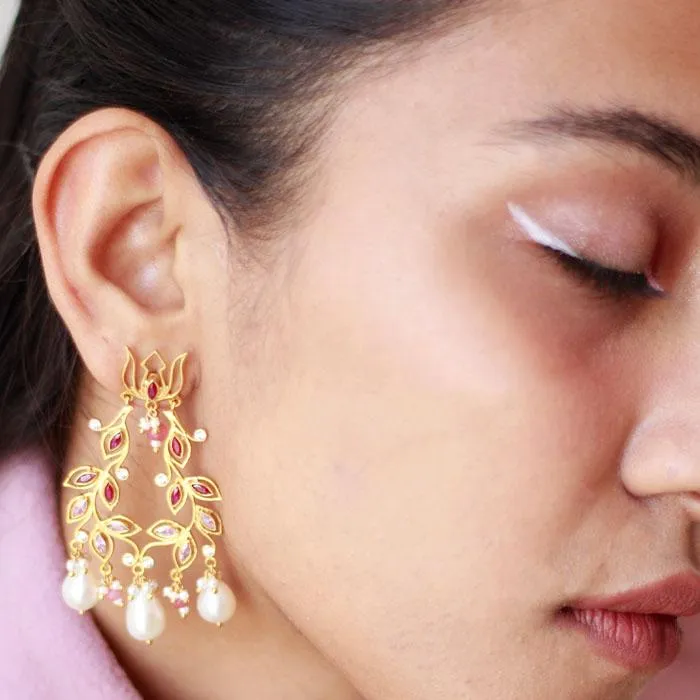 Lotus Gold Plated Pearl Earrings