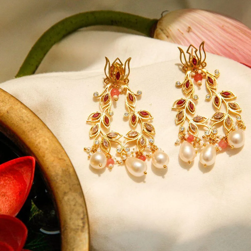 Lotus Gold Plated Pearl Earrings