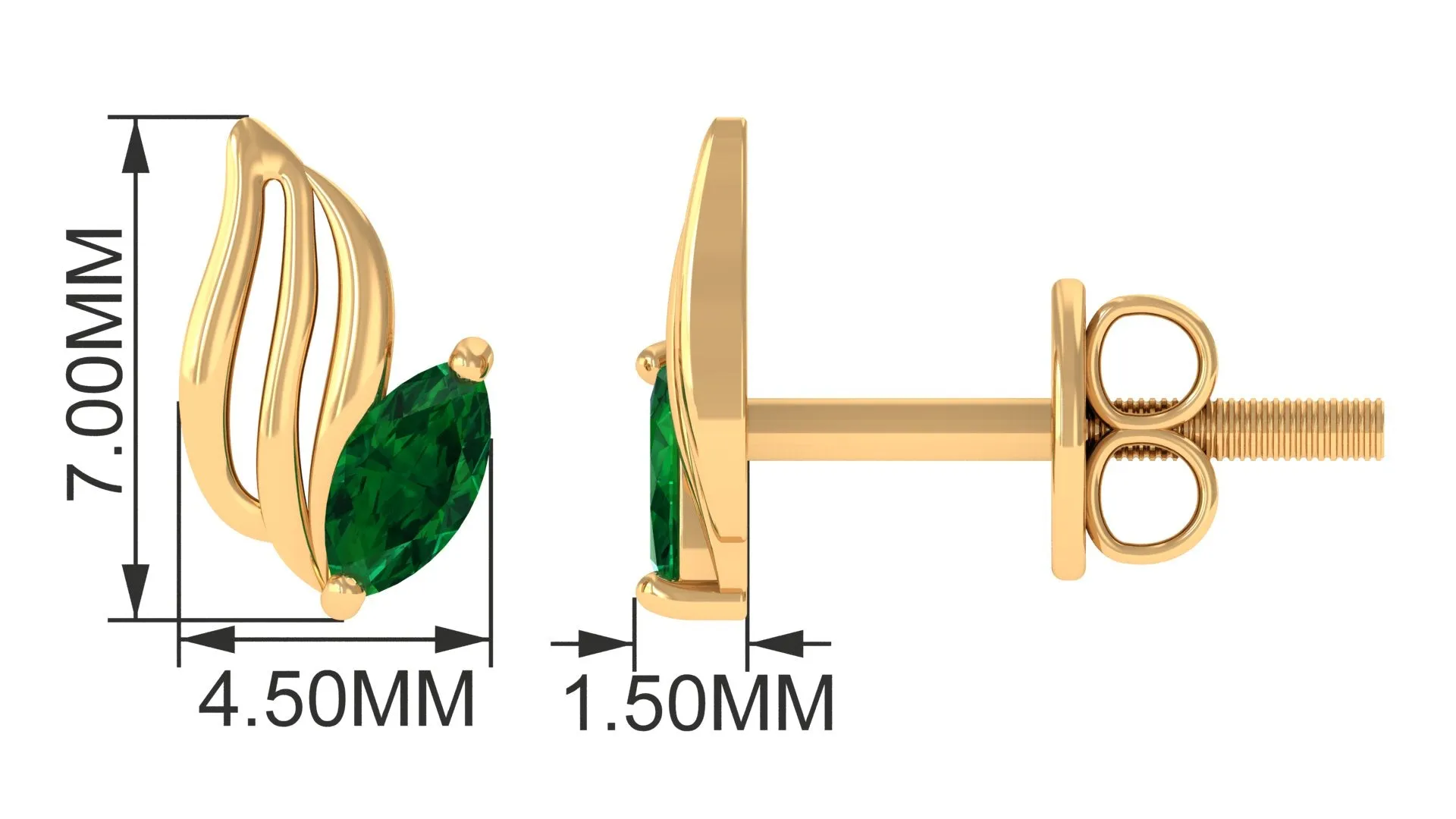 Marquise Shape Emerald Petal Stud Earrings with Screw Back