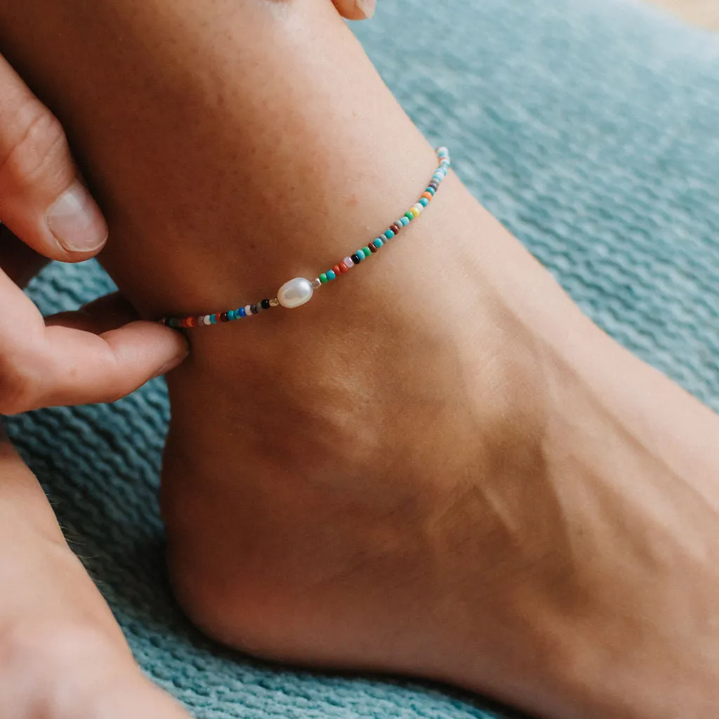 Matira Freshwater Pearl Beaded Anklet - Rainbow