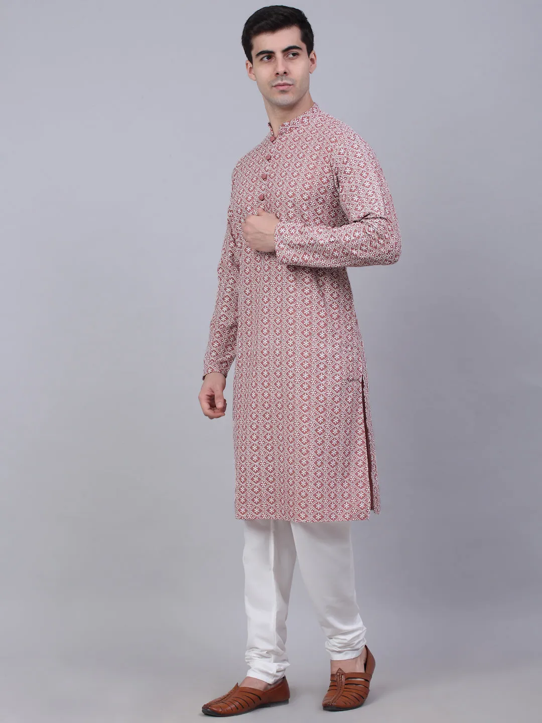 Men's Coral Red & White Embroidered Straight Kurta Pyjama Set ( Jokp 626 Coral ) - Virat Fashions