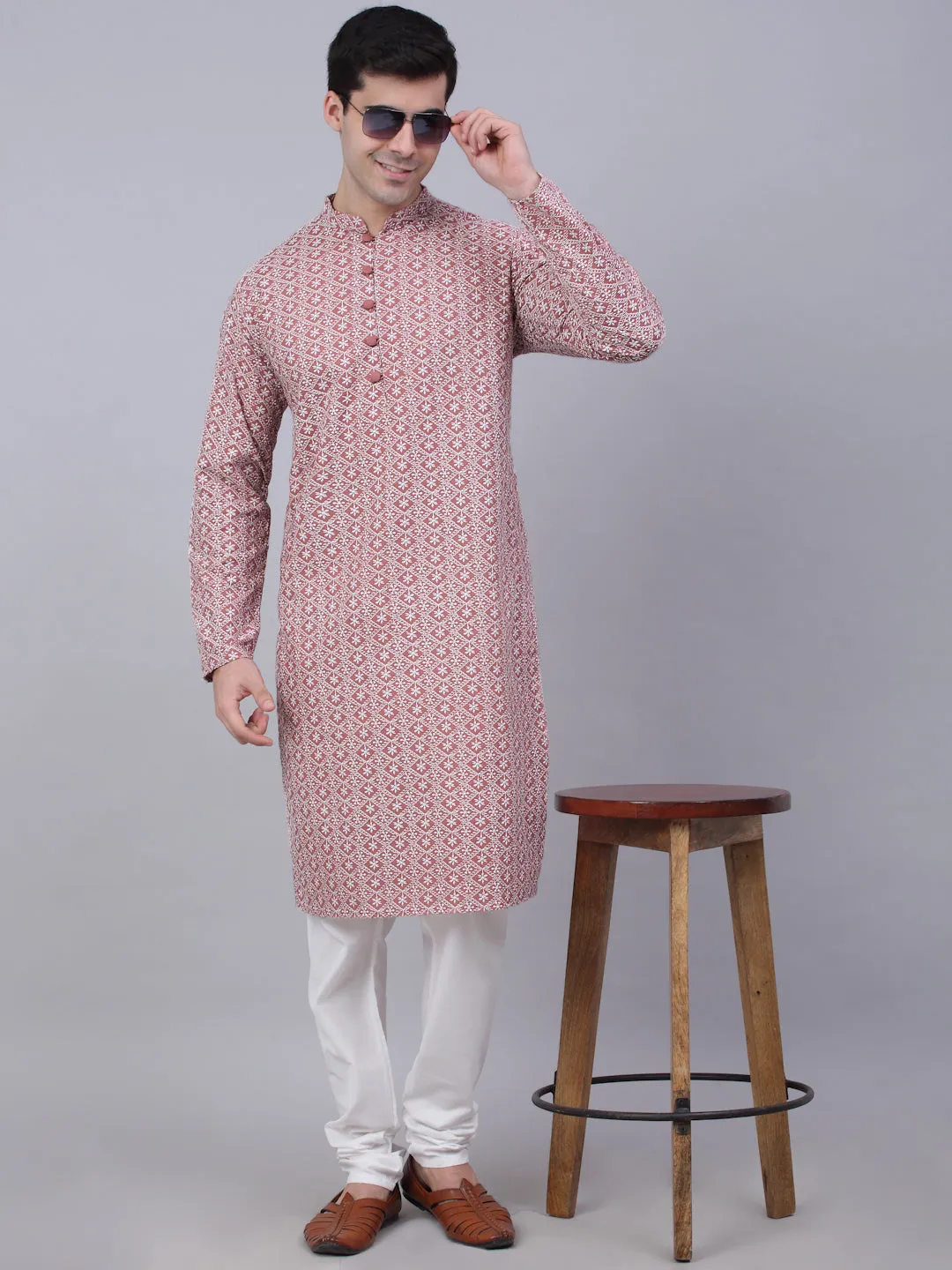 Men's Coral Red & White Embroidered Straight Kurta Pyjama Set ( Jokp 626 Coral ) - Virat Fashions