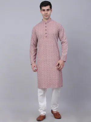 Men's Coral Red & White Embroidered Straight Kurta Pyjama Set ( Jokp 626 Coral ) - Virat Fashions