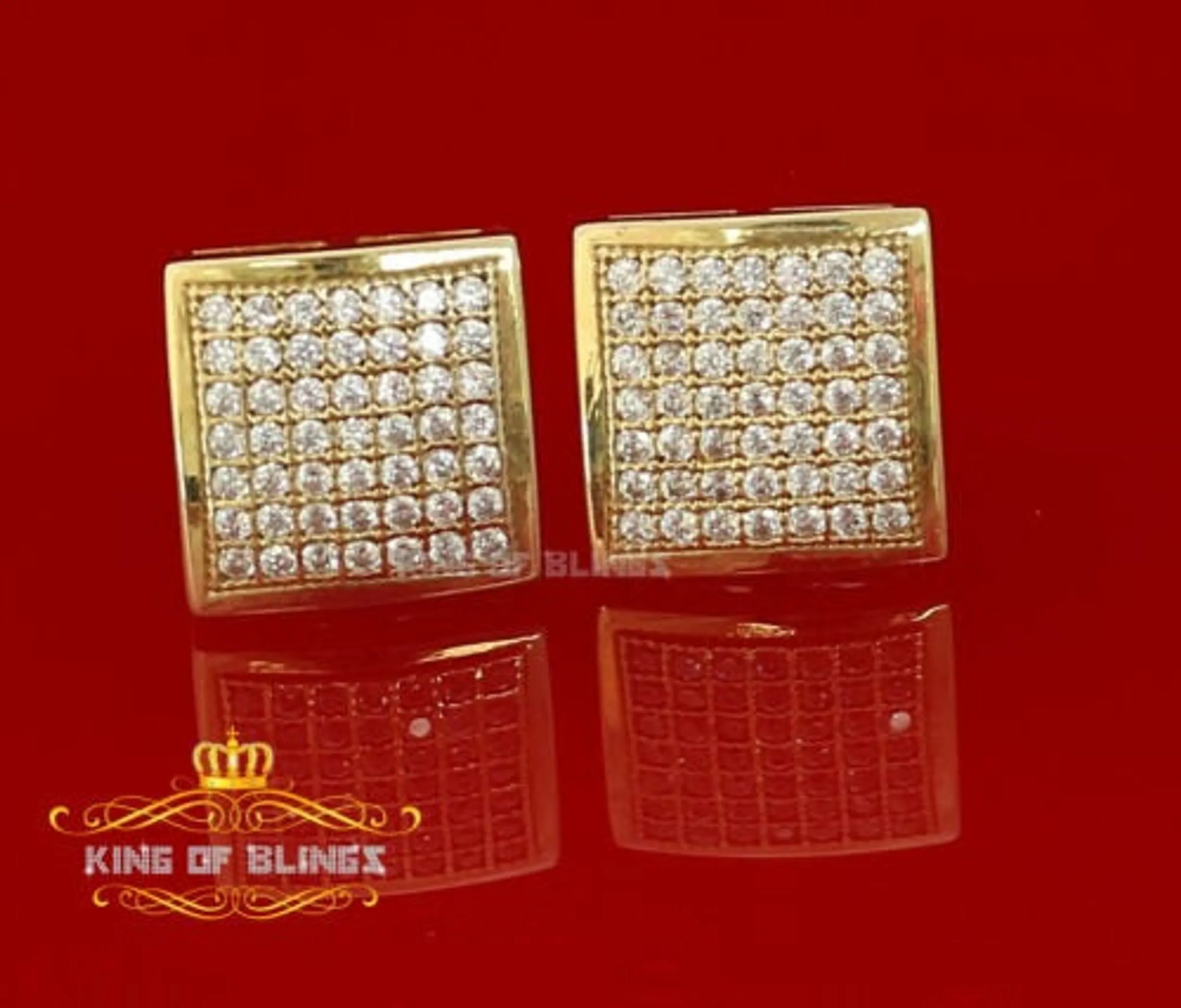 Men's Elegant Square Yellow Gold Sterling Silver Screw Back Hip Hop Stud Earrings