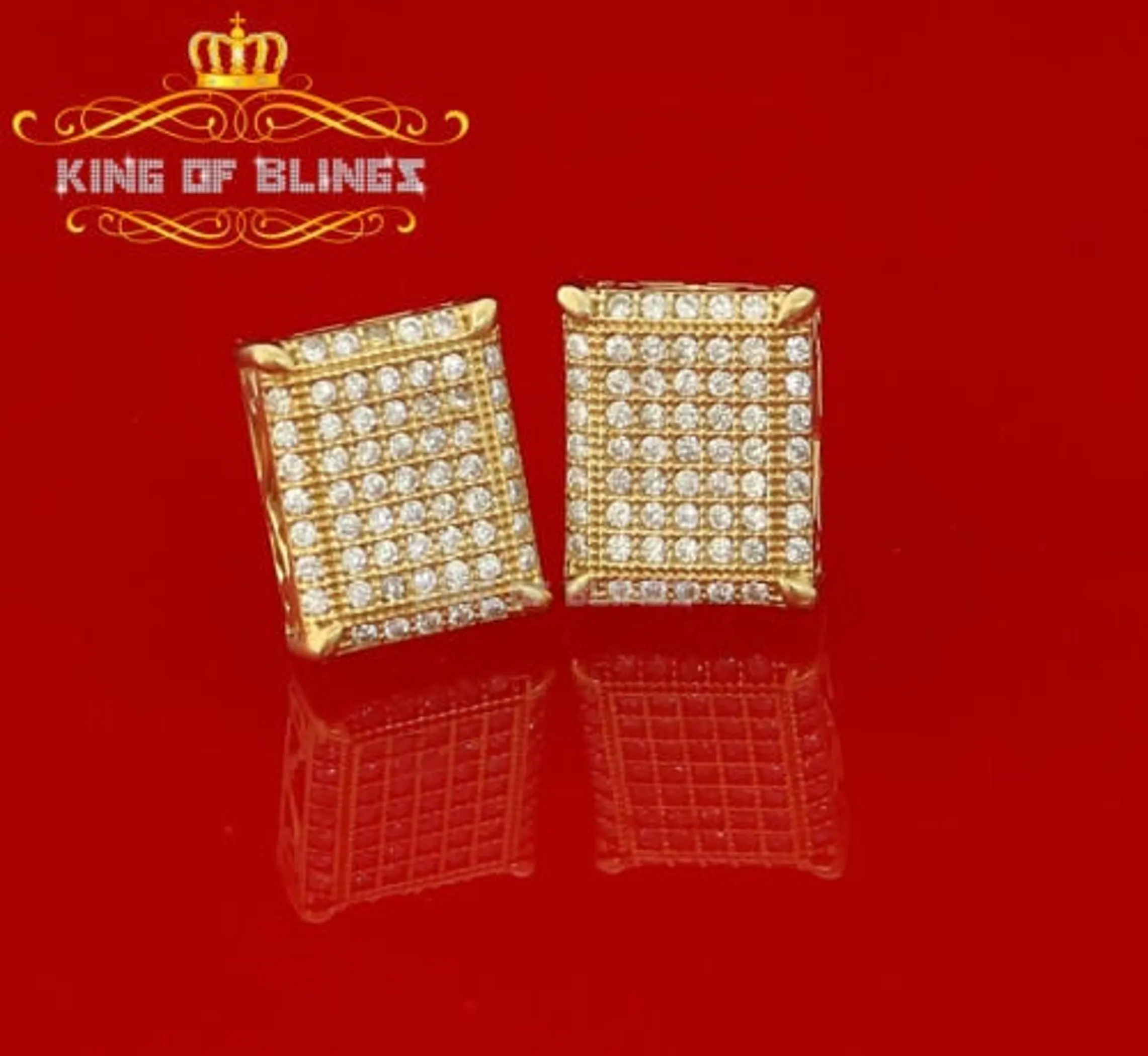 Men's Elegant Square Yellow Gold Sterling Silver Screw Back Hip Hop Stud Earrings