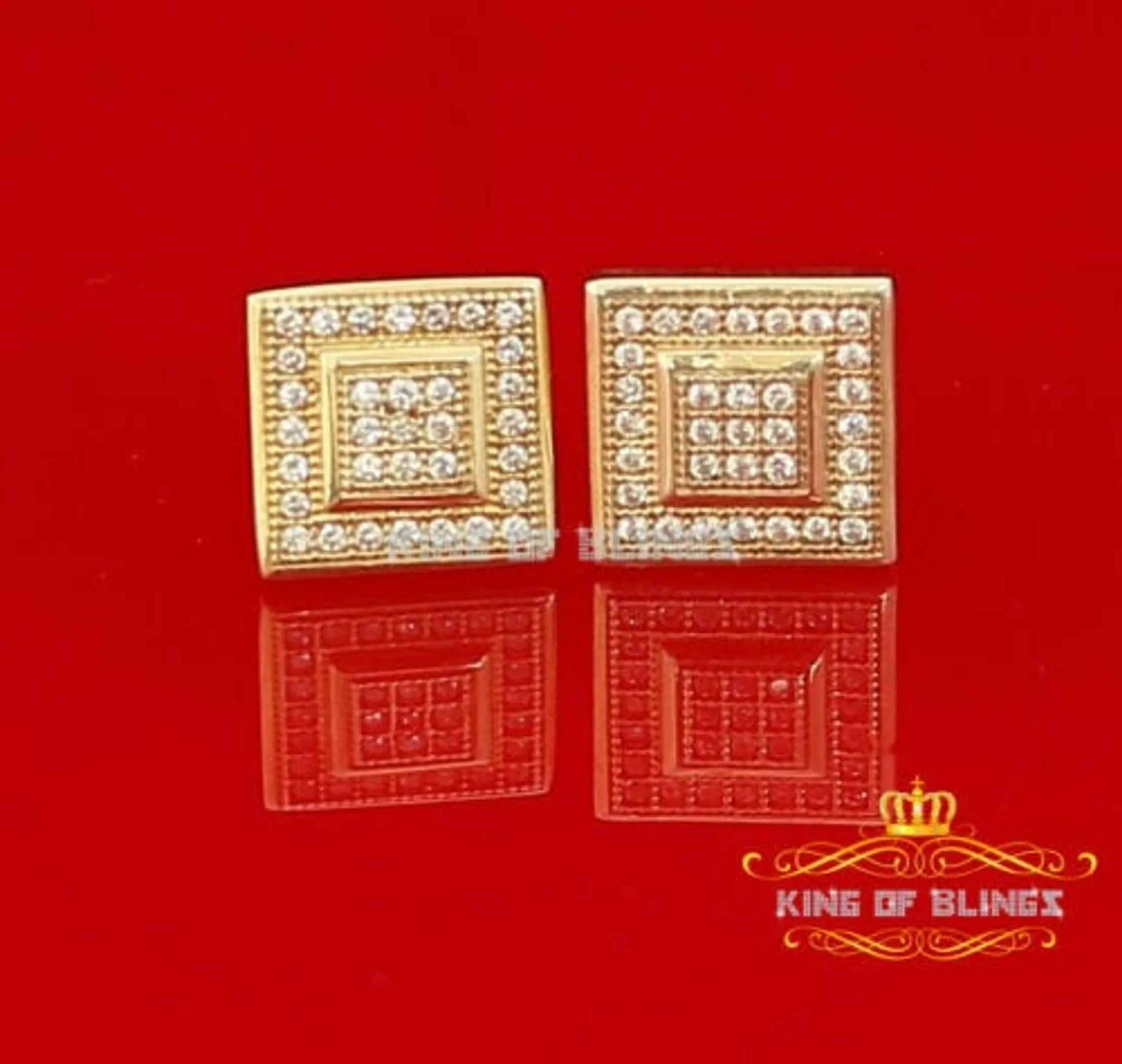 Men's Elegant Square Yellow Gold Sterling Silver Screw Back Hip Hop Stud Earrings