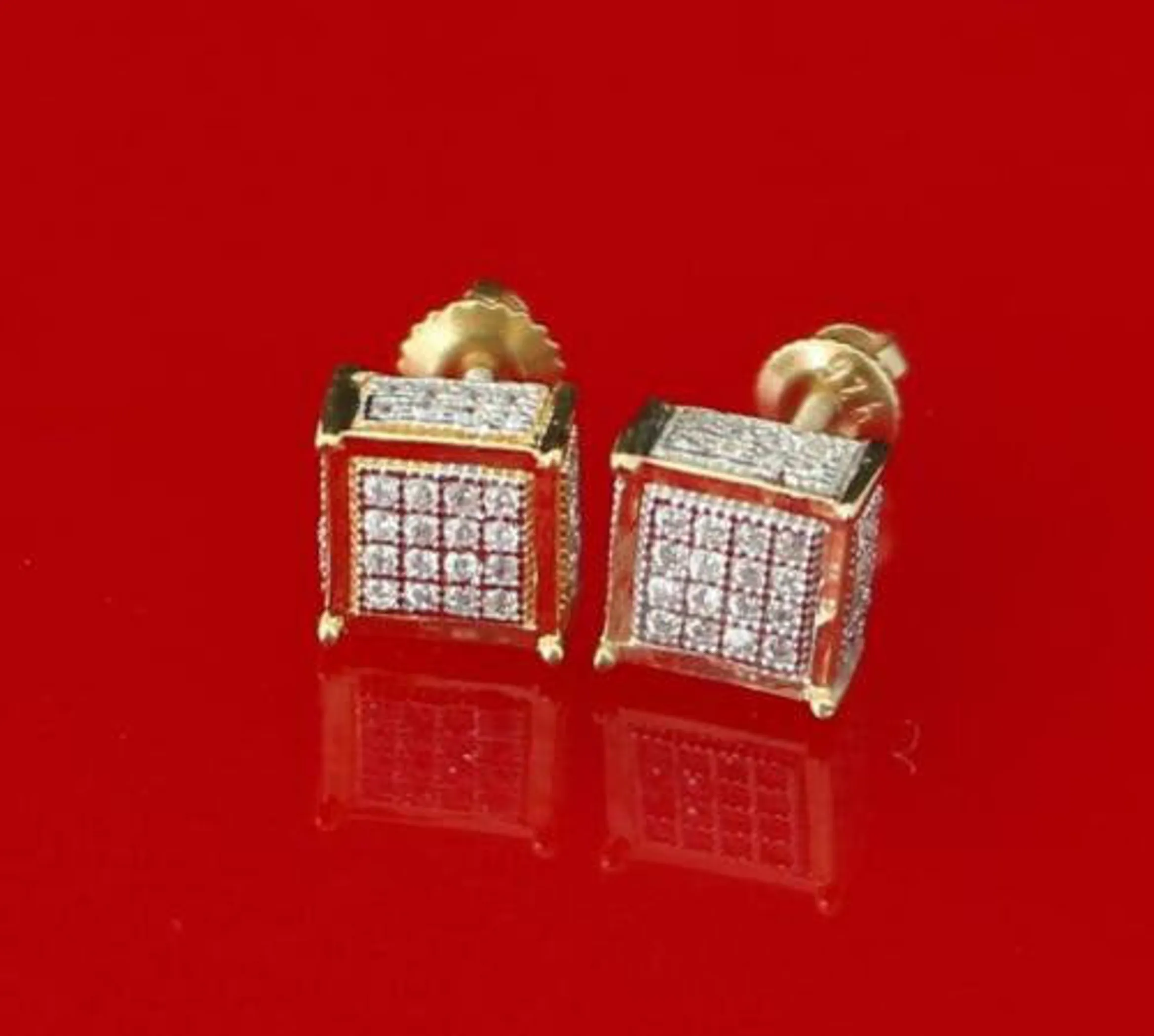 Men's Elegant Square Yellow Gold Sterling Silver Screw Back Hip Hop Stud Earrings