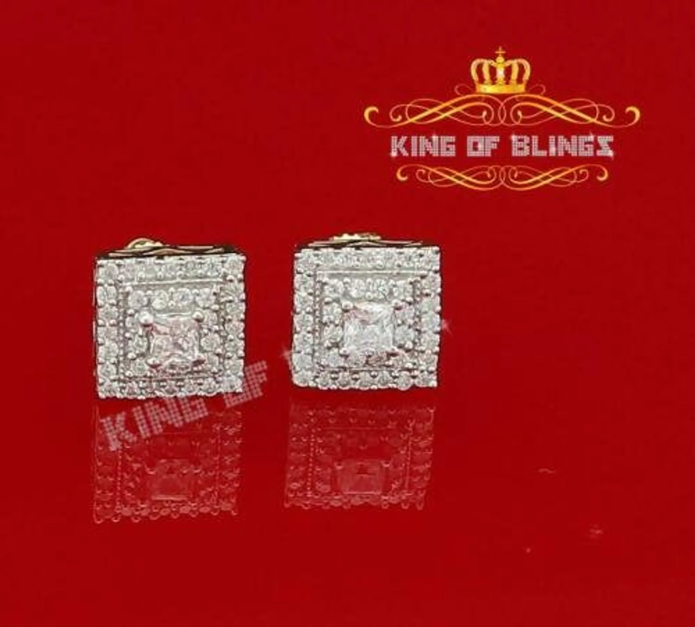 Men's Elegant Square Yellow Gold Sterling Silver Screw Back Hip Hop Stud Earrings