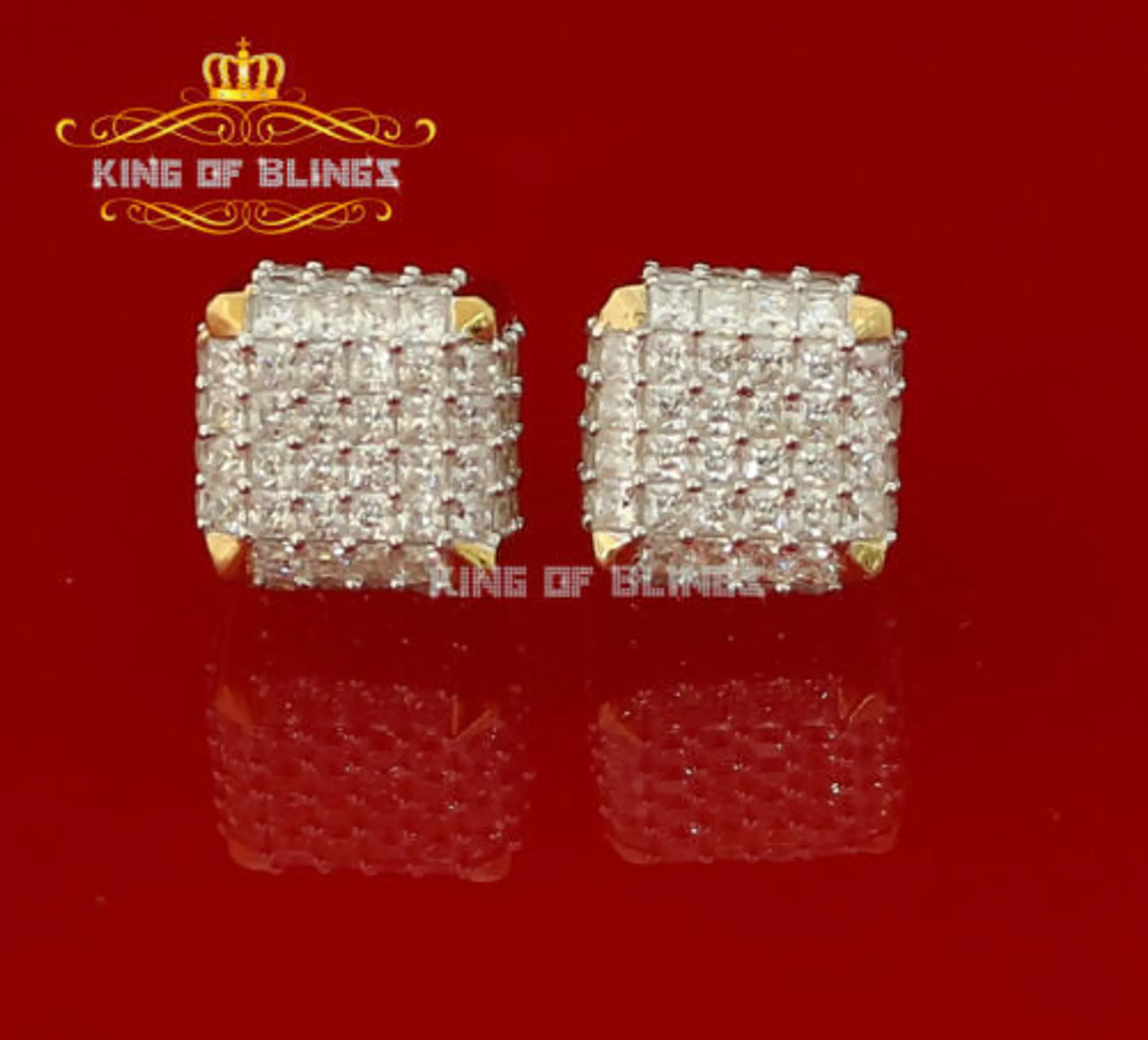 Men's Elegant Square Yellow Gold Sterling Silver Screw Back Hip Hop Stud Earrings