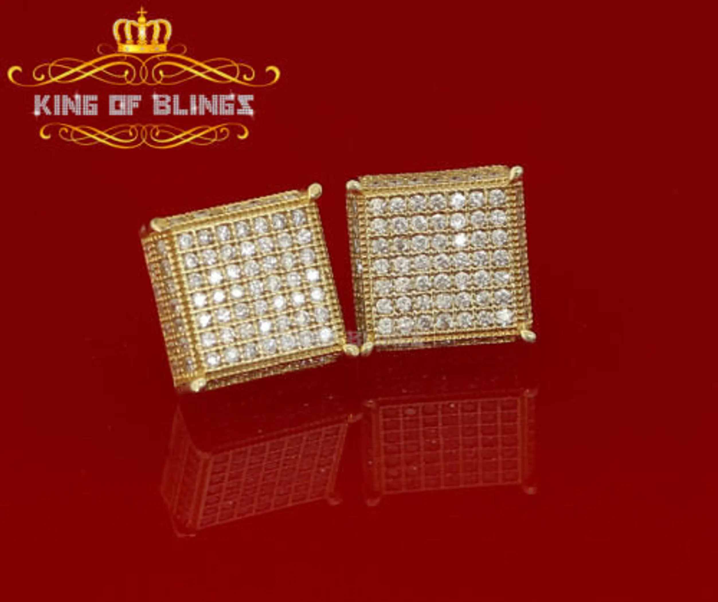 Men's Elegant Square Yellow Gold Sterling Silver Screw Back Hip Hop Stud Earrings